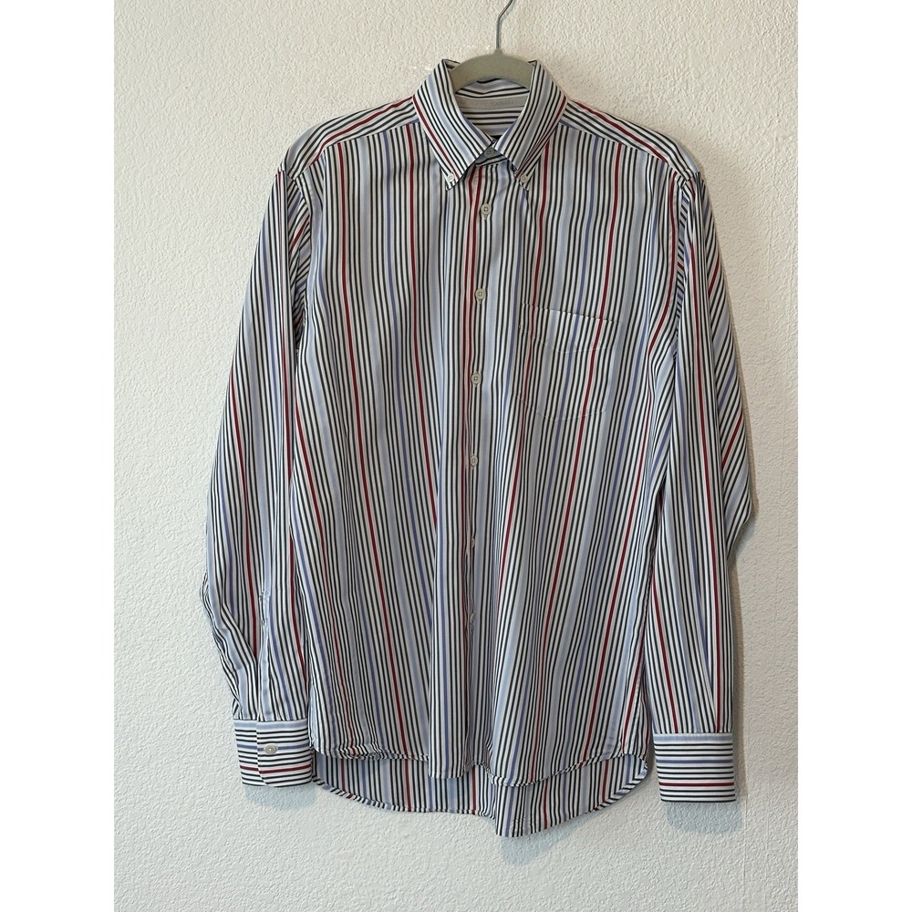 Canals Mens Large Button Down‎ Shirt Red White Blue Stripe Long Sleeve Poc Italy